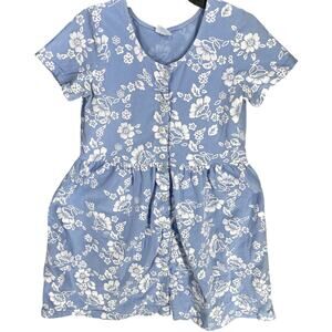 Stamp Dress M Blue White Floral Short Sleeve VNeck USA Made Knee Length Babydoll